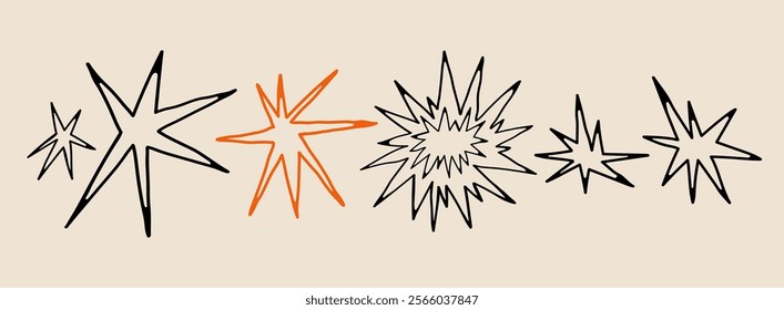 Abstract quirky outline Stars. Different unique shapes, doodles. Contemporary trendy style. Hand drawn modern Vector illustration. All elements are isolated