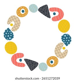 Abstract quirky oval frame with various patterns and shapes. Design element for greeting card. Creative modern template for text.