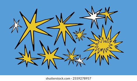 Abstract quirky Stars. Different unique shapes, doodles. Contemporary trendy style. Hand drawn modern Vector illustration. All elements are isolated