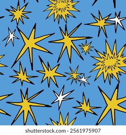 Abstract quirky Stars. Different unique shapes, doodles. Contemporary trendy style. Hand drawn modern Vector illustration. Square seamless Pattern, background, wallpaper