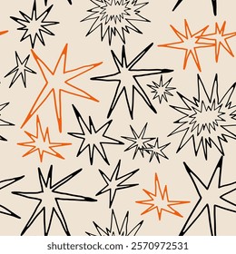 Abstract quirky Stars. Different unique shapes, doodles. Contemporary trendy style. Hand drawn modern Vector illustration. Square seamless Pattern, background, wallpaper