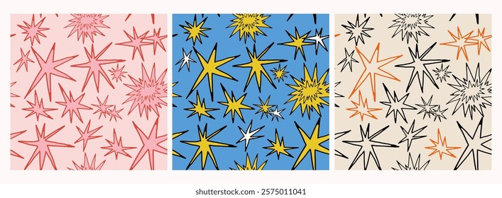 Abstract quirky Stars. Different unique shapes, doodles. Contemporary trendy style. Hand drawn modern Vector illustration. Set of three Square seamless Patterns. Background, wallpaper