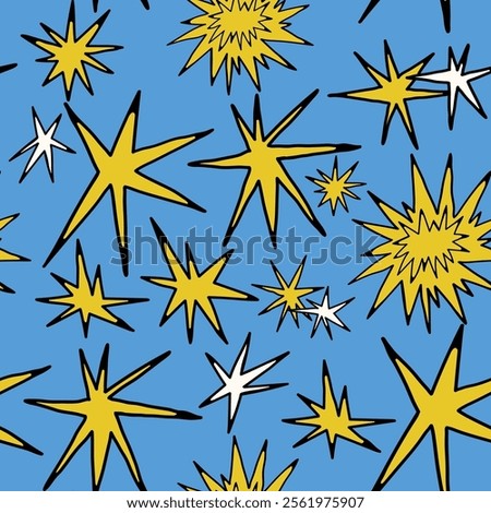 Abstract quirky Stars. Different unique shapes, doodles. Contemporary trendy style. Hand drawn modern Vector illustration. Square seamless Pattern, background, wallpaper