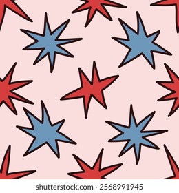 Abstract quirky Stars Pattern. Wrapping, packaging in flat style. Blue and pink. Suitable for gift wrap, greeting card, textile design, fabric.