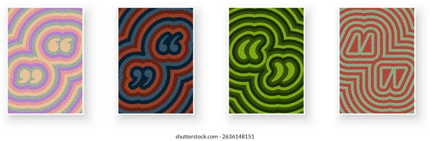 Abstract quotation marks in layered wavy stripes and bold retro textures across varied color schemes. Vector illustration.