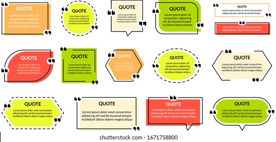 Abstract quote text frames. Set of quotation colorful bubbles minimal style,  texting title boxes blank templates isolated on white background. Vector illustration