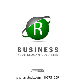 Abstract R letter vector logo icon template. Green company logo, abstract logo, design element, creative idea. globe logo, planet logo, circle logo, swoosh logo, world logo, silver metal logo,
