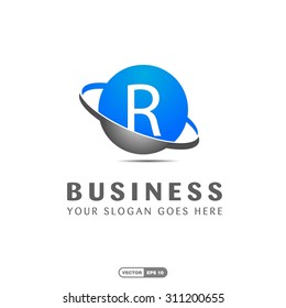 Abstract R letter vector logo icon template. Blue company logo, abstract logo, design element, creative idea. globe logo, planet logo, circle logo, swoosh logo, world logo, silver metal logo,
