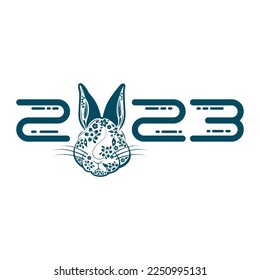 Abstract rabbit face with floral ornament and Chinese motifs. Chinese New Year. 2023 Year of the rabbit