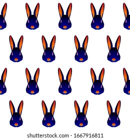 Abstract rabbit head seamless pattern background. Graphic cartoon rabbit portrait painted in imaginary colors for design card, invitation, banner, book, scrapbook, t-shirt, poster, scetchbook, album.