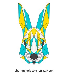 Abstract rabbit isolated on white background. Blue, yellow and grey blended colored polygonal triangle geometric illustration for use in design card, invitation, poster, banner, placard, billboard 