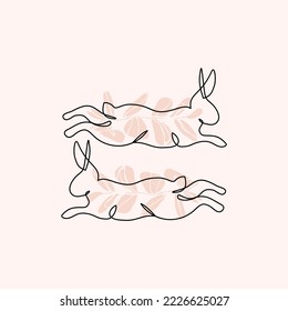 Abstract rabbit line art on floral background. Symbol of Chinese New Year zodiac. Hand drawn cute bunny emblem. Cartoon vector illustration for party, celebration invitation, card
