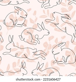 Abstract rabbit line art on floral background. Symbol of Chinese New Year zodiac. Hand drawn cute bunnies seamless pattern. Cartoon vector illustration for party, celebration invitation, card