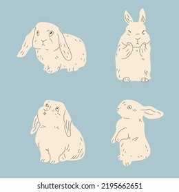 Abstract Rabbits. Flat design. Hand drawn Vector set. Symbol of 2023 new year