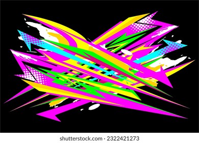 Abstract racing background vector design with a unique stripe pattern and a mix of bright colors such as blue, pink, green, yellow and others. on a black background