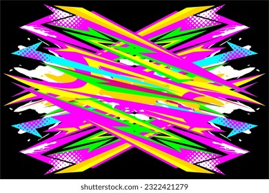 Abstract racing background vector design with a unique stripe pattern and a mix of bright colors such as blue, pink, green, yellow and others. on a black background