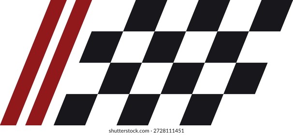Abstract racing flag sticker with black and white checkers and red stripes. Finish, start, victory. Motorsport, competition, speed. Emblem, sign, symbol. Vector flat illustration.