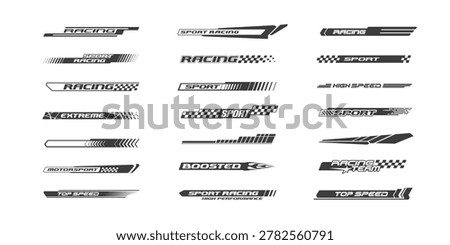 Abstract Racing graphics set. Sport car livery stickers. Black and white sports signs for racing cars branding. Sports theme banners - editable vector templates