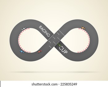 Abstract Racing Track In Shape Of An Infinity Sign. Top View, Two Types Of Cars. EPS10 Vector Illustration.