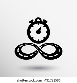 Abstract racing track shape sign cars Stopwatch icon during check-in on white background.