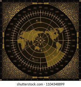 Abstract radar screen in searching with world map, aims and motherboard elements of golden shades on dark background