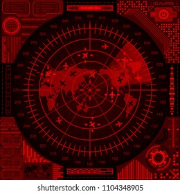 Abstract radar screen with world map and targets of red shades. Futuristic HUD navigation monitor