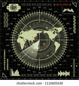 Abstract radar screen with world map and targets of green and black shades. Futuristic HUD navigation monitor