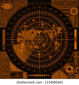 Abstract radar screen with world map and targets of orange shades. Futuristic HUD navigation monitor