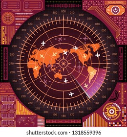Abstract radar screen with world map and targets of violet, orange, yellow, and white shades. Futuristic HUD navigation monitor