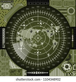 Abstract radar sonar with world map and targets of khaki shades. Futuristic HUD navigation monitor