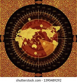 Abstract radar sonar with world map, target and circuit board objects of yellow, red, and black shades. Futuristic HUD navigation monitor