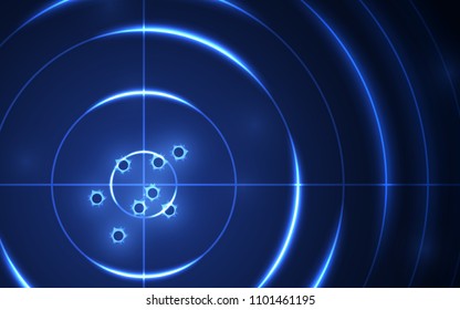 Abstract radar, target, shooting range with bullet hole on blue background. Computer network connection vector illustration digital technology concept.