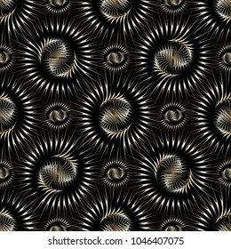 Abstract radial 3d shapes seamless pattern. Modern vector fantasy background. Surface ornaments. Luxury design with shadows and highlights. 
