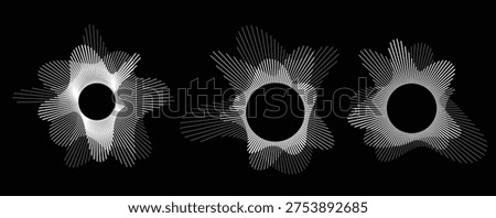 Abstract Radial Audio Waveform Spectrum Set, Circular Sound Equalizer Visualization with White Lines on Black Background