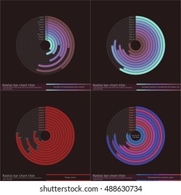 Abstract radial bar charts set with dummy data. Polar clock diagram. Data visualization vector images.