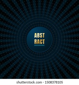 Abstract radial blue circle label center with golden dots pattern glitter shining on dark background. Luxury style geometric. Vector illustration
