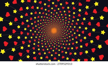Un fondo de ráfaga radial abstracto con Formas repetitivas de corazón y estrella dispuestas en un patrón simétrico hacia afuera