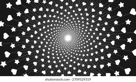 Un fondo de ráfaga radial abstracto con Formas repetitivas de corazón y estrella dispuestas en un patrón simétrico hacia afuera