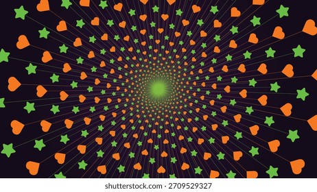 Un fondo de ráfaga radial abstracto con Formas repetitivas de corazón y estrella dispuestas en un patrón simétrico hacia afuera