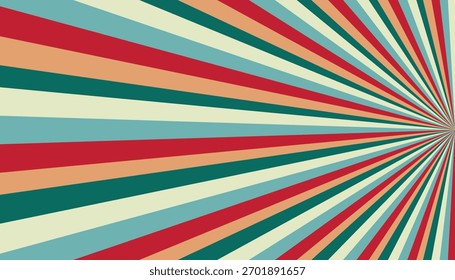 Abstract radial burst pattern with vibrant stripes in red, teal, cream, and orange, creating a retro, energetic feel.
