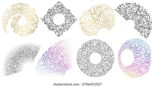 Abstractas explosión radial de partículas de píxeles y bloques formando marcos circulares. Fondo de datos digitales de tecnología para paneles, ecualizadores de música, interfaz de usuario HUD, carteles de ciencia ficción, portadas y diseños de infografía modernos