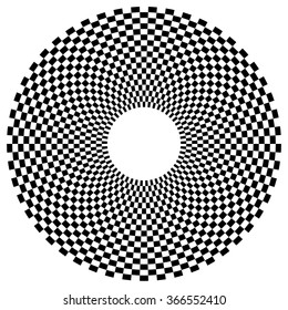 Abstract radial, circular element with checkered surface.