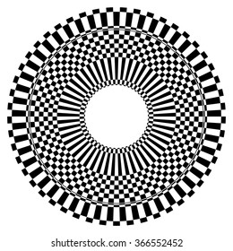 Abstract radial, circular element with checkered surface.