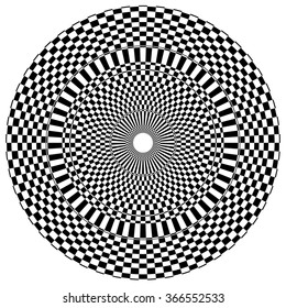 Abstract radial, circular element with checkered surface.