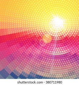 Abstract radial colorful sunset technology background dots.