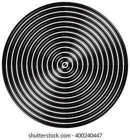 Abstract radial, concentric circles, rings. Monochrome visual element on white.