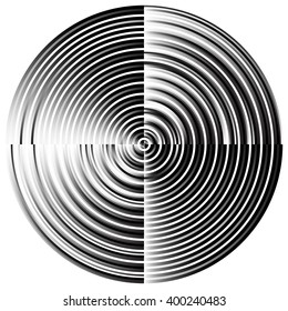 Abstract radial, concentric circles, rings. Monochrome visual element on white.