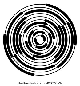 Abstract radial, concentric circles, rings. Monochrome visual element on white. Segmented concentric circles