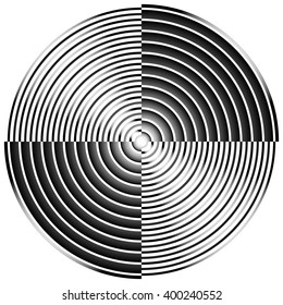 Abstract radial, concentric circles, rings. Monochrome visual element on white.