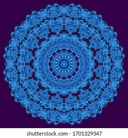 Abstract radial decoration for shawl or carpet. Detailed colored circular pattern, ornamental floral mandala in blue gamma on a purple background. Adornment for meditation classes.